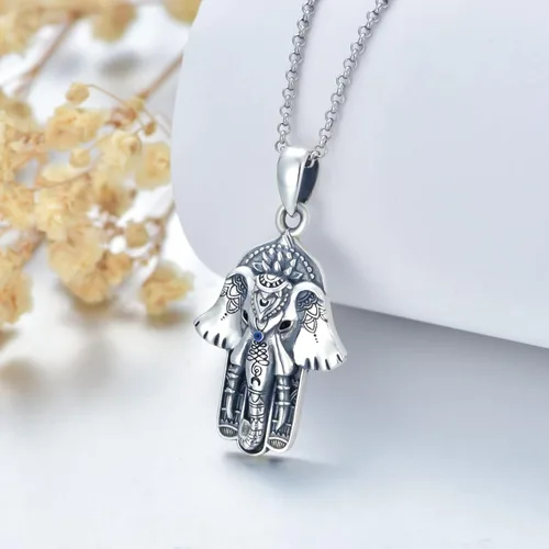 Miniatura 11 de PROESS Collar de plata de ley Hamsa Fátima collar de elefante, colgante de ojo azul, joyería para hombres, mujeres, niñas y niños
