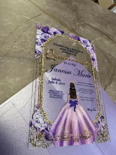 Miniatura 5 de Avior Invitación de quinceañera lila vestido de cristal acrílico, rosa Mis membrillo, dulce 15, dulce 16, diseño floral, diseño español membrillo