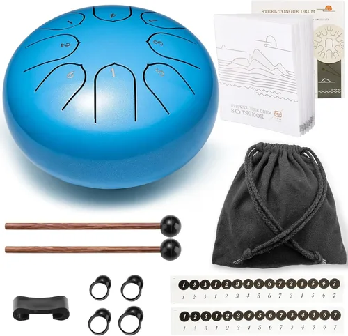 Miniatura 6 de Lronbird Tambor de lengua de acero, instrumento de percusión de 8 notas de 6 pulgadas para educación musical, meditación, relajación, calmante, Azul