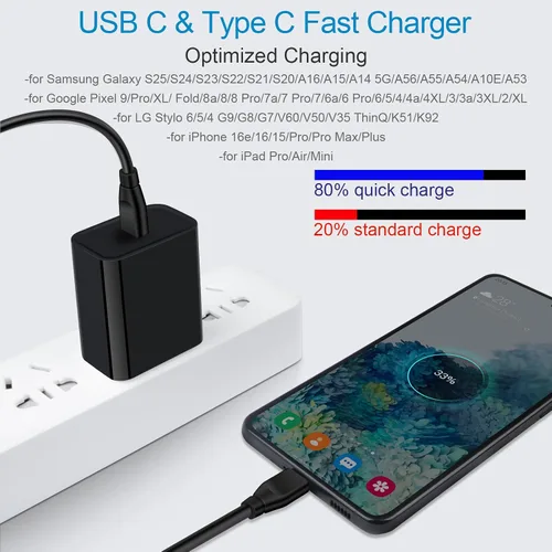 Miniatura 3 de Cargador de pared USB C, cable de carga rápida PD de 20 W para Samsung Galaxy S25 S24 S23 S22 S21 S20 FE A16 A15 5G A14 A21, Google Pixel 10 9 Pro
