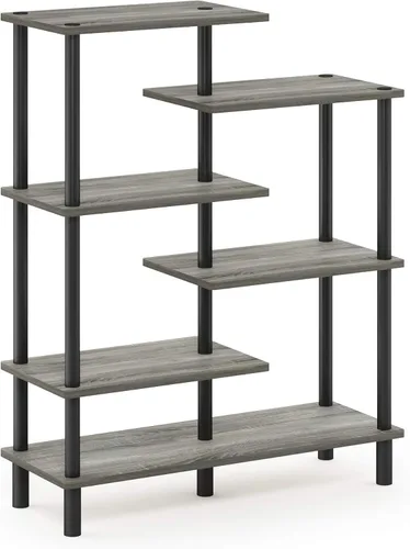 Miniatura 3 de Furinno Turn-N-Tube Estante de exhibición de 6 niveles, roble francés gris/negro, estante multiusos de 5 niveles, roble francés gris/negro