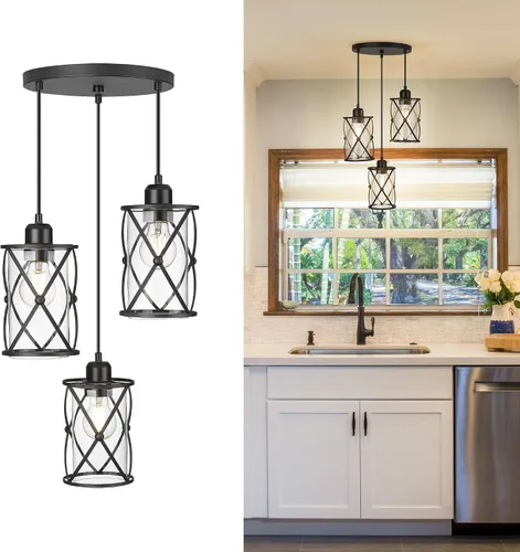 Miniatura 14 de CH9176BK-3PK - Luces colgantes de cristal para isla de cocina, paquete de 3, iluminación colgante de cocina negra sobre la isla con varilla, moderna