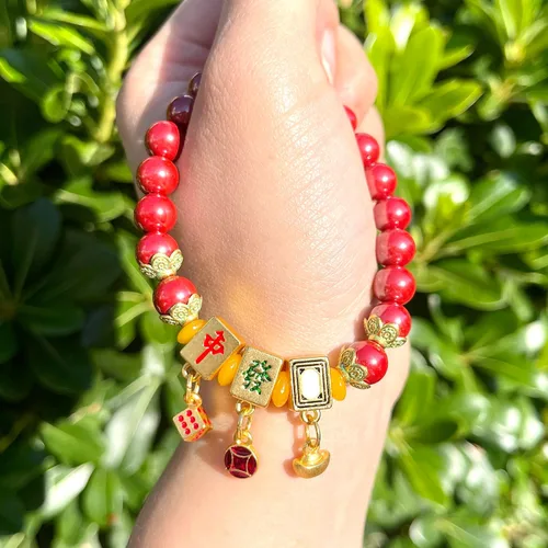 Miniatura 7 de Pulsera de cinabrio natural con cobre chapado en oro Mahjong Design Charm Lucky Bead Tamaño 0.315 in