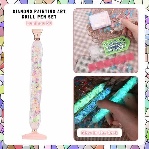 Miniatura 3 de FOVIUPET Juego de 21 bolígrafos de taladro de arte de pintura de diamantes, herramientas de bolígrafo de taladro puntual 5D de resina luminosa