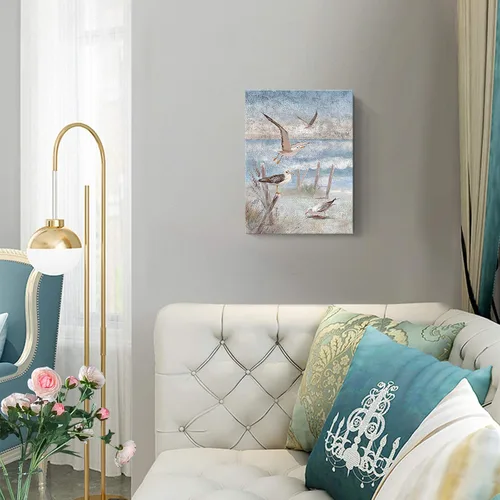 Miniatura 8 de ARTZON Arte de pared de playa, decoración de baño, tema oceánico, impresión en lienzo, pintura costera, pájaro posado junto a la orilla del mar