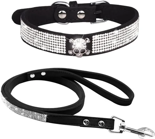Miniatura 10 de Conjunto de Collar y Correa para Mascotas, Bonito y Deslumbrante de Ante Suave con Diamantes de Imitación de Cristal, Collar y Correa para Gatos