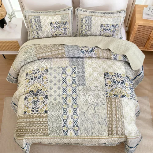 Miniatura 4 de WONGS BEDDING Juego de edredón bohemio tamaño matrimonial, juego de colcha de retazos beige de 3 piezas, juego de ropa de cama de microfibra suave