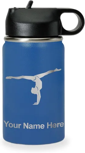 Miniatura 63 de LaserGram Botella de agua personalizada, gimnasta niña, acero inoxidable de doble pared aislada al vacío con popote superior, regalo grabado Azul