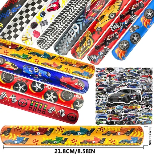 Miniatura 3 de CZWXOXO 74 piezas de artículos para fiesta temática de carreras, 24 piezas de pulseras slap, 50 piezas de calcomanías, decoraciones para fiesta