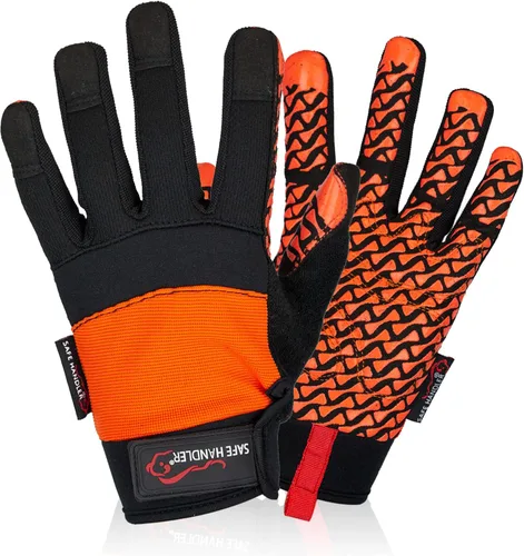 SAFE HANDLER Guantes Super Grip | Palma de agarre texturizada, textura antideslizante, correa de muñeca con gancho y bucle, negro/naranja, S/M, 1