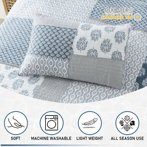 Miniatura 8 de KALOOLA - Juego de ropa de cama con colcha acolchada de retazos tamaño queen, 100% algodón, colcha ligera con 2 fundas de almohada, colcha