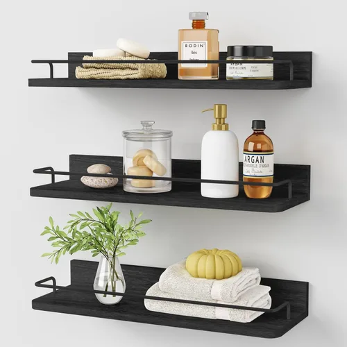 Miniatura 8 de Forbena Juego de 3 estantes flotantes dorados para decoración de pared, estantes de baño sobre el inodoro, estante de pared moderno con riel Blanco