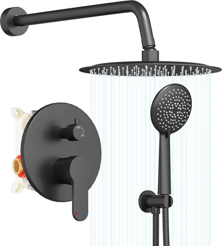 Gabrylly Sistema de regadera negro, juego de grifo de regadera con balance de presión, cabezal de lluvia de acero inoxidable de 30.5 cm con rociador