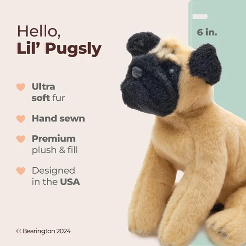 Miniatura 2 de Bearington Lil' Pugsly - Peluche de pug pequeño, lavable de 6 pulgadas, juguete suave con cara y piel expresiva, regalo adorable para niños
