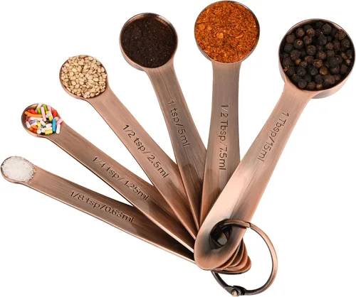 Miniatura 3 de Juego de tazas y cucharas medidoras, juego de tazas y cucharas medidoras de cobre para cocina y hornear, acero inoxidable, 5 tazas y 6 cucharas