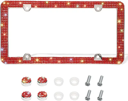 Miniatura 8 de Marco de matrícula Bling de Otostar, hecho a mano con 4 filas de diamantes de imitación brillantes, marco de matrícula de acero inoxidable con 4