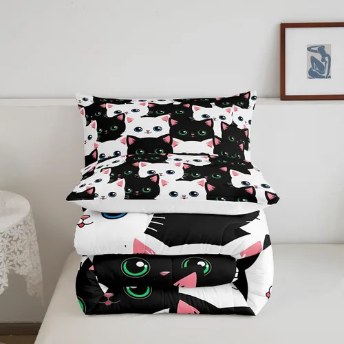 Miniatura 3 de Feelyou Juego de edredón para niños, diseño de gatos de dibujos animados, tamaño twin, lindo juego de ropa de cama de gatitos para adolescentes