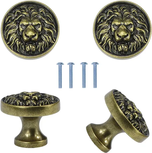 Miniatura 9 de Pomos de gabinete con cabeza de león antiguos, pomos de animales dorados, pomos de cajones y tiradores de un solo agujero para manijas de armario