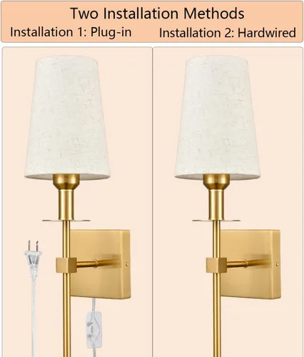 Miniatura 6 de Juego de dos apliques de pared dorados con enchufe, modernos apliques de latón con pantalla de tela, lámparas de pared para dormitorio, pasillo