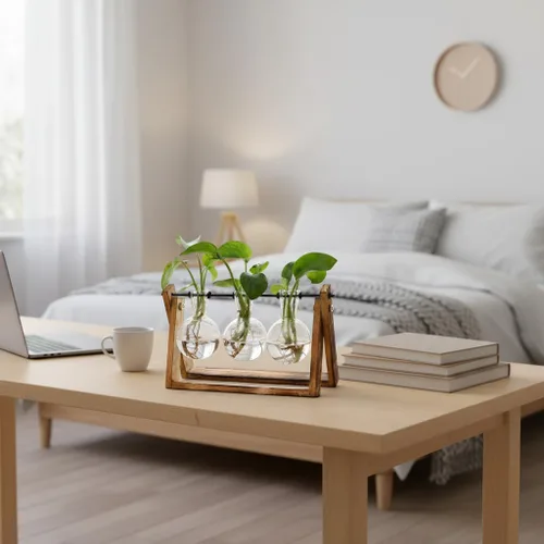 Miniatura 5 de XXXFLOWER Terrario para plantas con soporte de madera, maceta de aire, jarrón de vidrio, soporte giratorio de metal, mesa retro para decoración