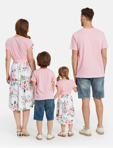 Miniatura 5 de PATPAT Conjuntos familiares a juego de manga corta con cinturón, estampado empalmado y camisetas casuales a juego