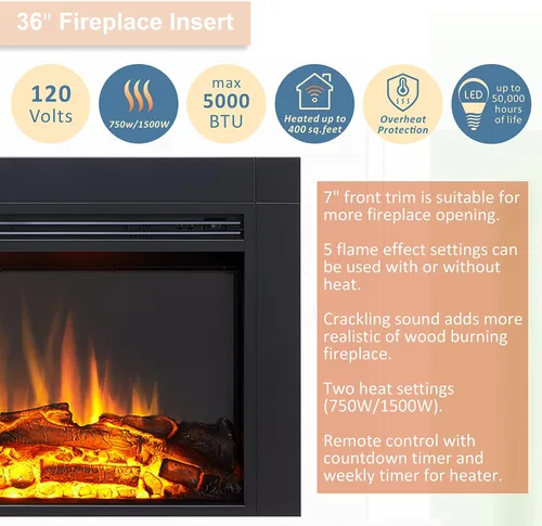 Miniatura 5 de LegendFlame Jaden - Inserto de chimenea eléctrica de 36 pulgadas de ancho x 22 pulgadas de alto (EF376) con kit de moldura frontal, sonido