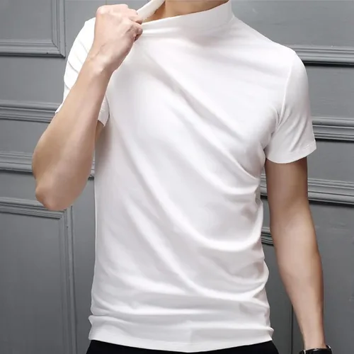 Miniatura 2 de Percle Camiseta básica de manga corta para hombre, cuello alto, casual, ajustada, color sólido