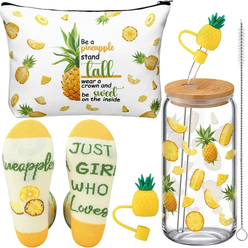 SiliFine Juego de 3 piezas de regalos de piña para mujer, tazas de piña de verano con tapas y pajitas, regalos Aloha hawaianos, incluye piñas,