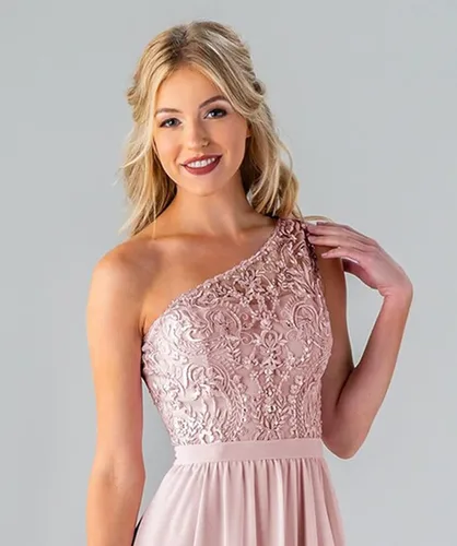 Miniatura 3 de Women's One Shoulder Bridesmaid Dresses Long for Wedding with Pockets Lace Bodice A-Line Chiffon Formal Party Gown