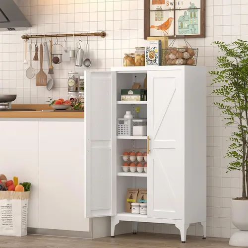 Miniatura 7 de Armario de almacenamiento de metal de 47 pulgadas de alto, gabinetes de almacenamiento de cocina con puertas y estantes, armario de metal blanco