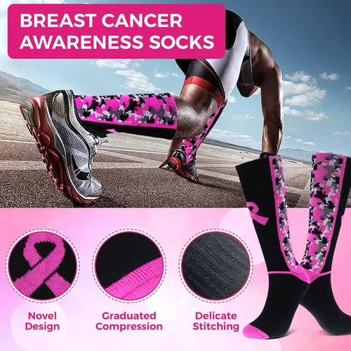 Miniatura 10 de Juego de calcetines de concientización sobre el cáncer de mama con accesorios de cinta rosa, calcetines de fútbol con cinta rosa de camuflaje grueso