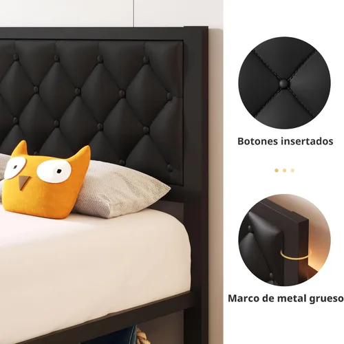Miniatura 4 de Fluest Base de cama individual con cabecero, tapizada en cuero PU, marco de plataforma con soporte de listones metálicos, con espacio de Negro