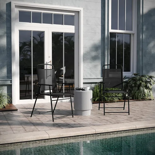 EMMA + OLIVER Munroe - Sillas plegables para patio, color negro, asiento y respaldo de textileno para todo tipo de clima, reposabrazos integrados,