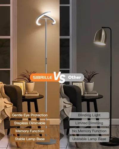 Miniatura 7 de SIBRILLE Lámparas de pie plateadas para sala de estar, lámpara de pie regulable continua con control remoto táctil, luz LED giratoria de 22 W, luz