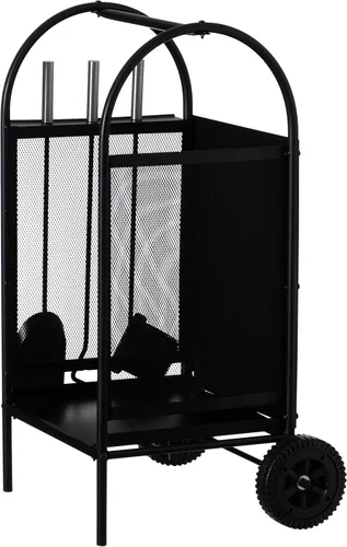 Miniatura 5 de Carrito de leña para patio interior y exterior, con ruedas y juego de herramientas para chimenea, color negro
