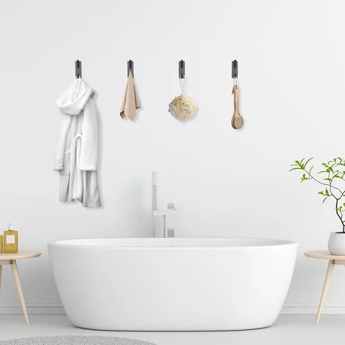 Miniatura 8 de Ganchos adhesivos negros para toallas de baño montados en la pared, paquete de 4 ganchos para toallas de baño, soporte para bata, gancho de acero