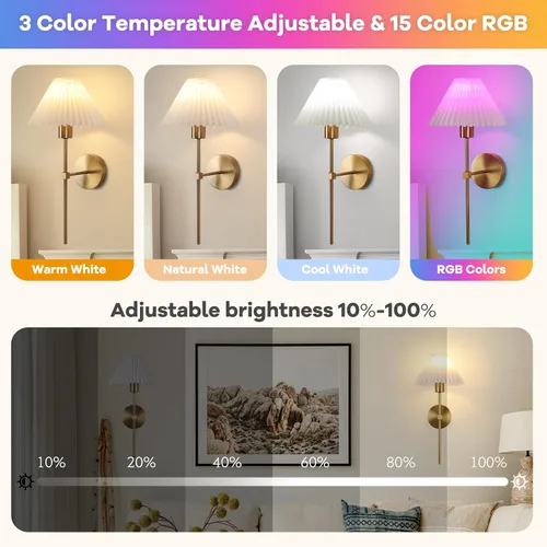 Miniatura 3 de Juego de 2 apliques de pared inalámbricos, pantallas plisadas recargables que funcionan con batería, luces de pared retro industriales doradas