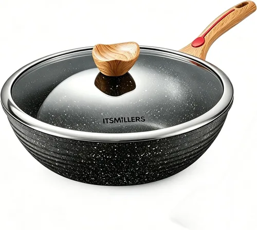 ITSMILLERS Wok antiadherente de aluminio fundido a presión chino, resistente a los arañazos con tapa y espátula, sin PFOA, apto para lavavajillas y