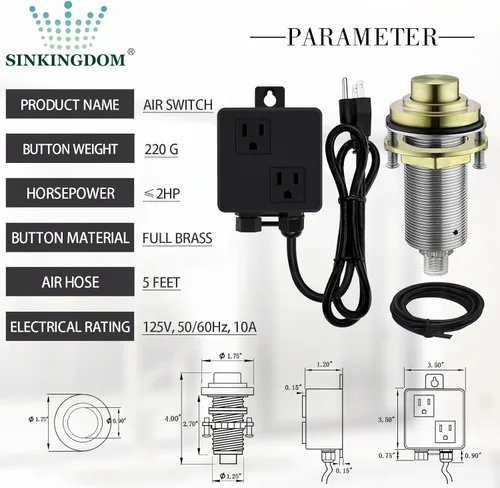 Miniatura 5 de Kit de interruptor de aire SinkTop con botón largo de latón dorado (latón completo) para eliminación de basura Un negro mate