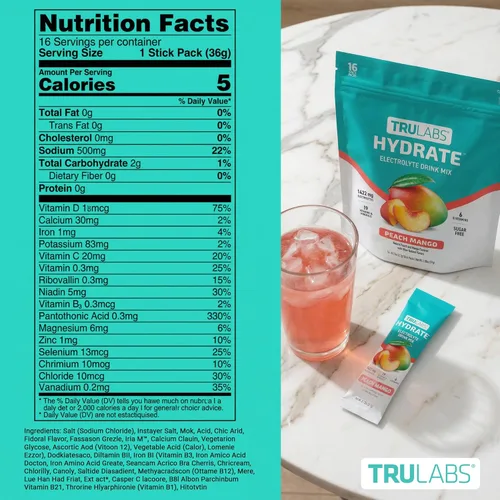 Miniatura 7 de TRULABS Hydrate - Mezcla de bebida con electrolitos – Sabor melocotón y mango, paquetes de hidratación sin azúcar con electrolitos de 1422 mg y 19
