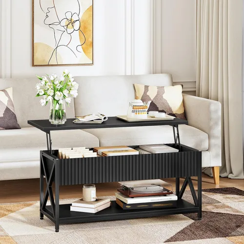 Miniatura 2 de CHOEZON Mesa auxiliar elevable de 39.4 pulgadas, mesa de centro acanalada con compartimento oculto y estante de almacenamiento, mesa elevadora