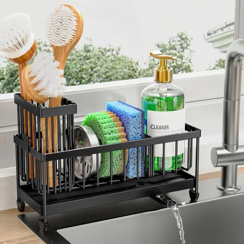 Miniatura 27 de Cisily Soporte de esponja negro extra grande para fregadero de cocina, organizador de fregadero con soporte alto para cepillos, organizadores