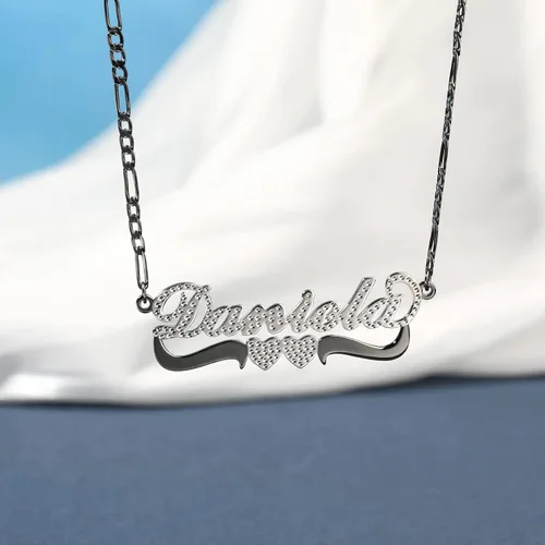 Miniatura 4 de Drawelry Collar con nombre personalizado de dos tonos con placa de oro de 18 quilates, chapado en doble corazón, placa con dije de placa de nombre