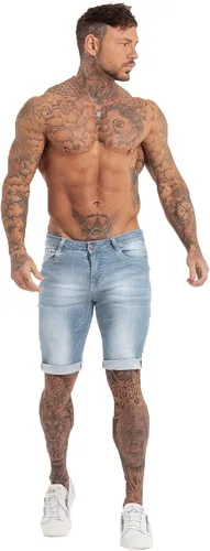 Miniatura 5 de GINGTTO Pantalones cortos de mezclilla para hombre, corte ajustado, elásticos, rasgados