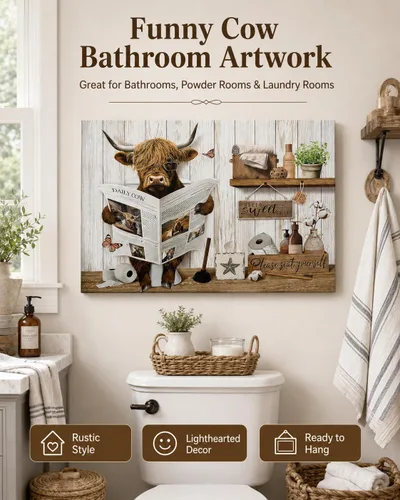 Miniatura 4 de Divertido arte de pared de baño de vaca de las tierras altas, rústico, color marrón, lindo animal, pintura, imagen, decoración de pared, ganado