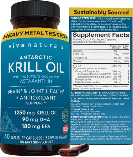 Viva Naturals Aceite de krill antártico Omega 3 Suplementos 1250 mg - DHA EPA Omega-3 y concentración de astaxantina para la salud de las