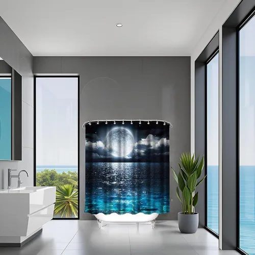 Miniatura 2 de Cortina de ducha de tela impermeable con luna llena sobre paisaje oceánico, para decoración de baño, juego con ganchos, 72 x 72 pulgadas