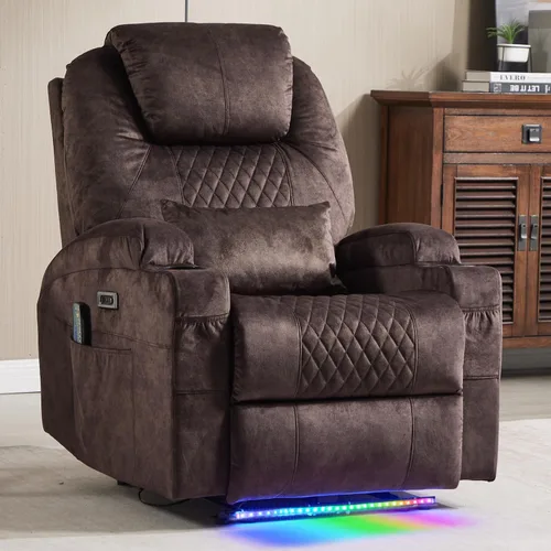 Miniatura 11 de Silla reclinable eléctrica con calor y masaje para adultos, asiento de cine en casa con luces LED, portavasos, bolsillo lateral, puerto USB, sofá