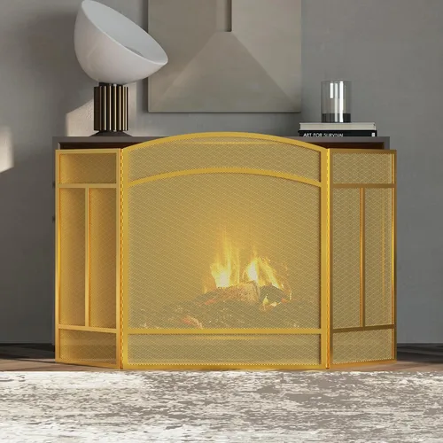 Miniatura 4 de Pantalla para chimenea Fire Beauty de 3 paneles, hierro forjado, 122 cm (L) x 74 cm (H), cubierta protectora contra chispas (Dorado Pulverulento)