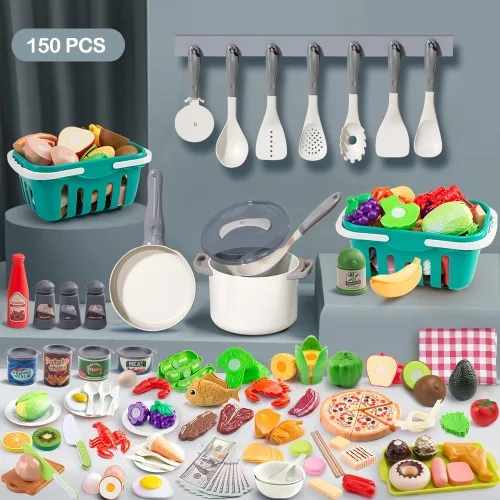 Miniatura 2 de Juego de cocina de 150 piezas, accesorios de utensilios de cocina de juguete para niños pequeños, comida, manta de picnic, frutas, verduras, paquete